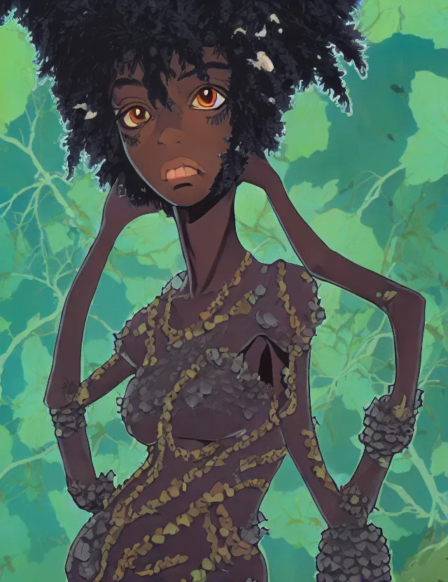 Prompt: black - skinned princess of the lichen woods. this gouache painting by the award - winning mangaka has an interesting color scheme, plenty of details and impeccable lighting.