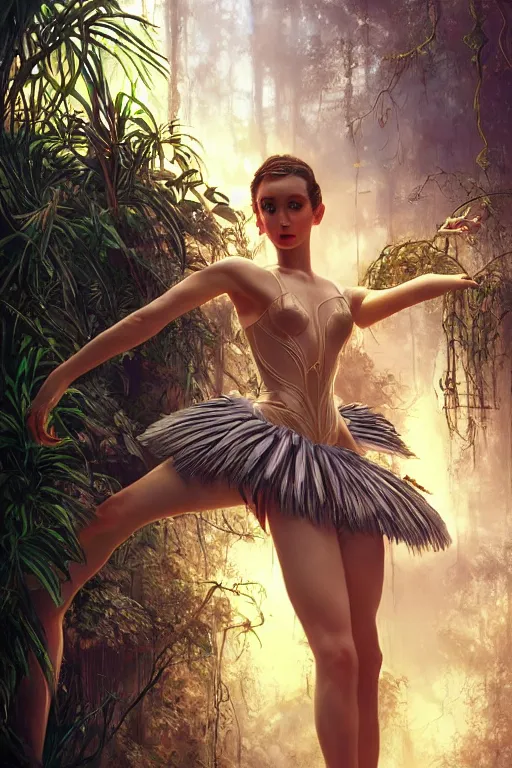 Image similar to stunningly beautiful, cyber prima ballerina in jungle, symmetrical face, golden hour, smooth, focus, highly detailed, hyper realistic, dramatic lighting, elegant, intricate, concept art, art by wlop, mars ravelo, greg rutowski, artstation