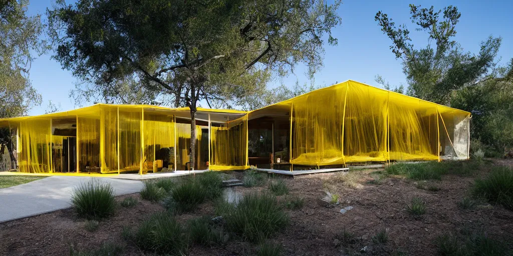 Prompt: An interior photograph of a crystalline glass house with thin wood structures. translucent yellow mesh tarps hang from the glass walls and glass ceilings. the house glows with daylight, volumetric lighting. grasses and bushes, sweet acacia trees, mesquite trees in background. contemporary concrete kitchen counters and plywood shelves. ultra wide shot, coronarender, 8k, photorealistic