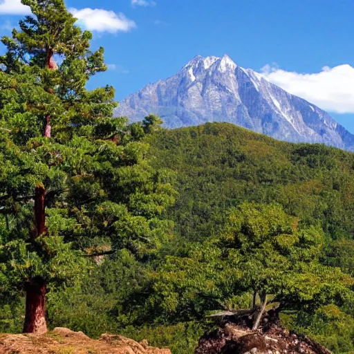 Prompt: A huge mountain with a giant tree on the top, view from far away,