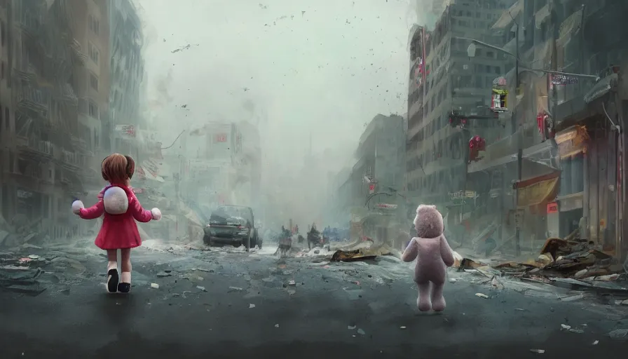 Image similar to back view of little girl and her teddy bear crossing destroyed washington dc's streets, debris, collapsed buildings, cloudy day, hyperdetailed, artstation, cgsociety, 8 k