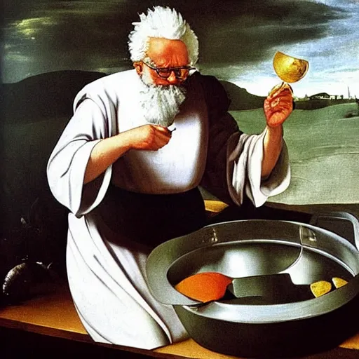 Prompt: Colonel Sanders mixes ingredients in a metal pot. Painted by Caravaggio, high detail