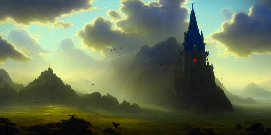 Image similar to a beautiful fantasy landscape, medieval tower, majestic, god rays, silhouette of a flock of birds in the sky, extremely detailed digital painting, in the style of fenghua zhong and ruan jia and jeremy lipking and peter mohrbacher, mystical colors, rim light, beautiful lighting, 8 k, stunning scene, raytracing, octane, trending on artstation