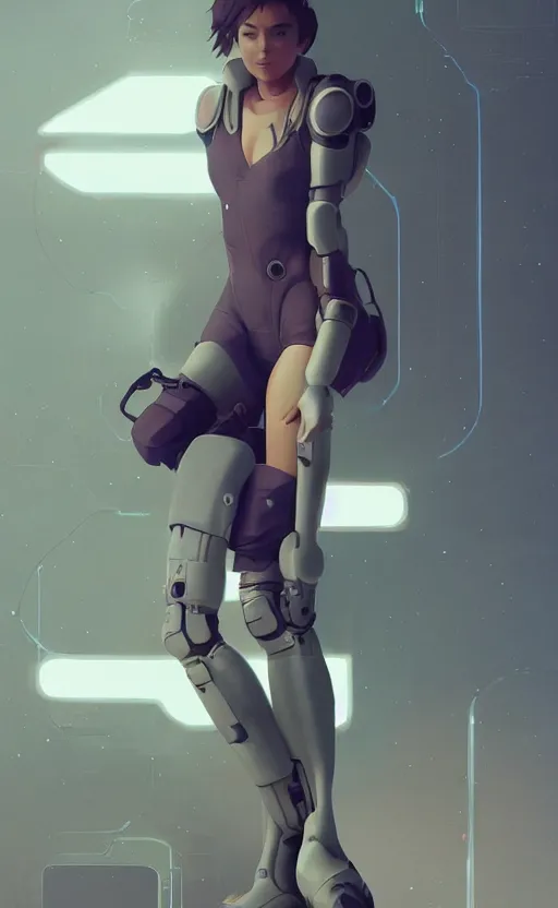 Image similar to sci fi female character, muted colored bodysuit, sci-fi large mech boots that go up to the thigh, thick mechanical leg accessory, soft lighting, wojtek fus, by Makoto Shinkai and Ilya Kuvshinov,