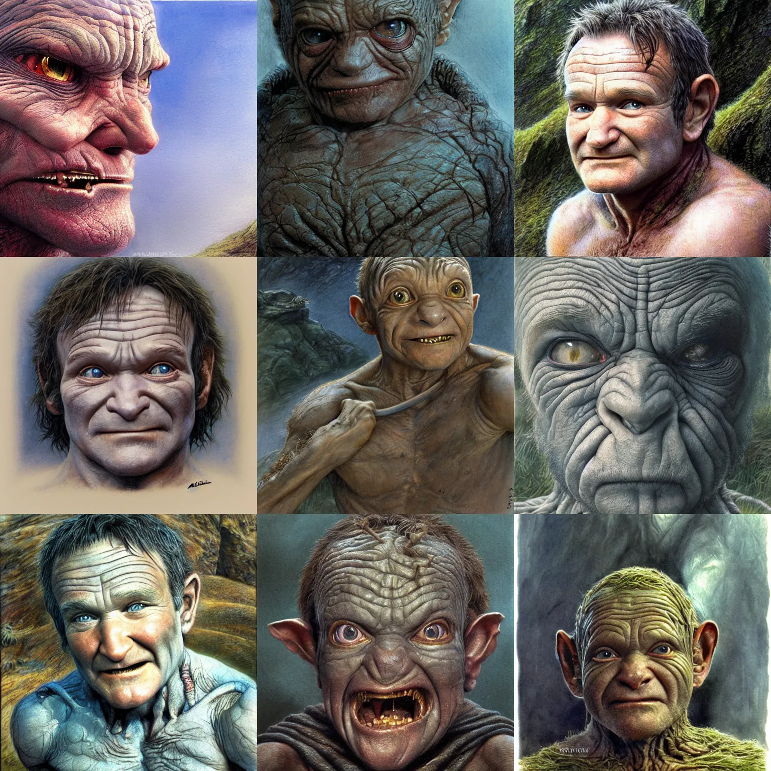 Prompt: Robin Williams as Golum by Alan Lee, twilight, concept art, detailed terrain, art station, oil painting