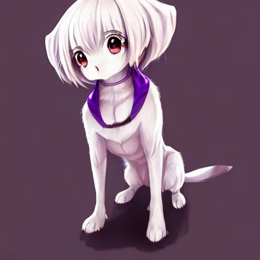 Image similar to advanced full body digital anime art, cute anime female dog hybrid, short white hair, purple watery eyes, dog paws for arms and legs and a big dog tail , full round face :: cinematic lighting, rim lighting, very highly intricately detailed, trending on pixiv :: Steven Artgerm Lau, WLOP, RossDraws, RuanJia, James Jean, Andrei Riabovitchev, Totorrl, Marc Simonetti, Visual Key, and Sakimichan