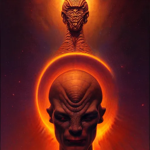 Prompt: cinematic portrait of a mean cosmic god, only head and chest, intricate, desaturated, Tim Hildebrandt, Wayne Barlowe, Bruce Pennington, donato giancola, larry elmore, maxfield parrish, Moebius, Thomas Ehretsmann, oil on canvas, gouache painting, masterpiece, trending on artstation, cinematic composition, dramatic pose, volumetric lighting, sharp, details, hyper-detailed, HD, 4K, 8K