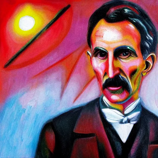 Image similar to an abstract painting of Nikola Tesla, lightning in the background, crazy