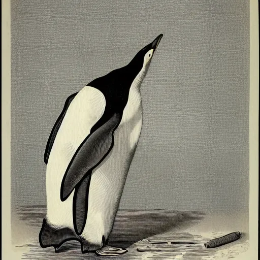 Image similar to deranged penguin, depressed, schizophrenic, audubon illustration