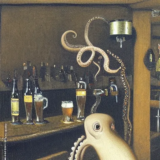 Image similar to an octopus drinking a beer in a pub, by Michael Sowa