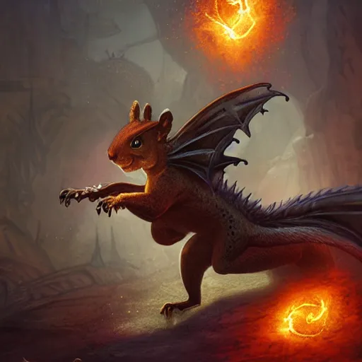 Prompt: Squirrel/dragon, ferocious, angry, magic the gathering artwork, D&D, fantasy, cinematic lighting, centered, symmetrical, highly detailed, digital painting, artstation, concept art, smooth, sharp focus, illustration, volumetric lighting, epic Composition, 8k, art by Akihiko Yoshida and Greg Rutkowski and Craig Mullins, oil painting, cgsociety