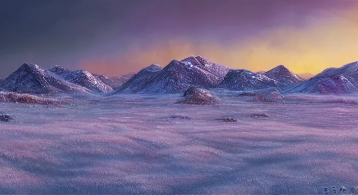 Image similar to A professional digital landscape painting of a vast wintery tundra with peaking mountains in the background, painted by Terese Nielsen, 4k, digital art, trending on cgsociety, highly detailed, upper body shot, shallow depth of field, purple and yellow lighting, professional lighting, airbrush,