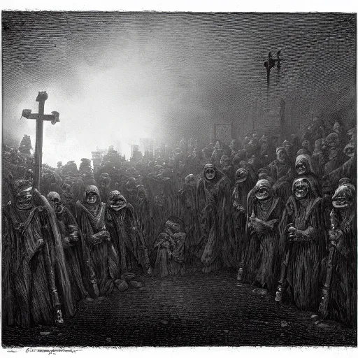 Prompt: 9 steel barrels in a cemetery of zombies, creepy atmosphere, dark, portrait, realistic, illustration by gustave dore