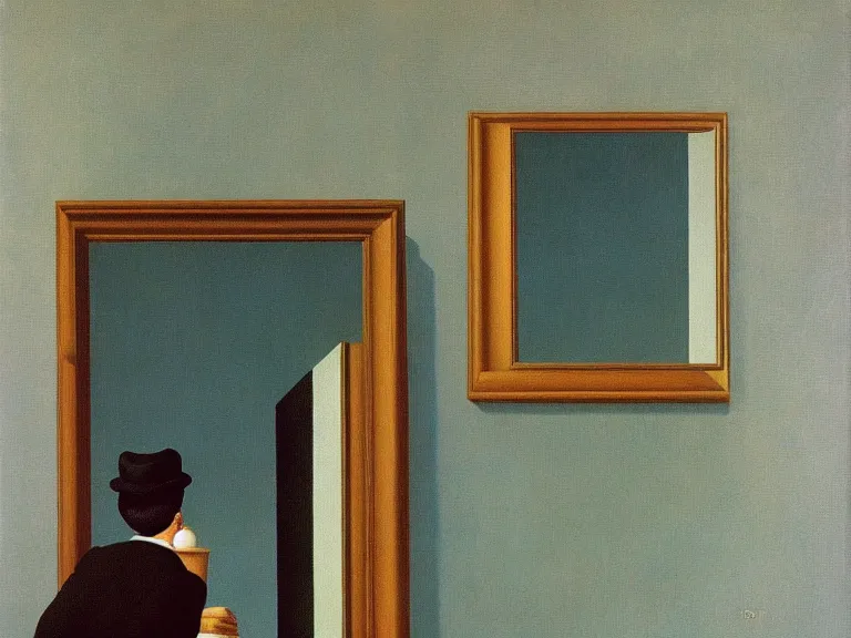 Image similar to mirrors, painting by rene magritte, high detail, high resolution