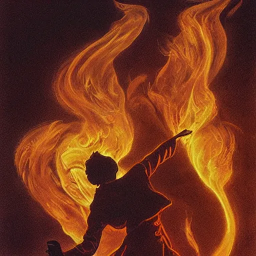 Prompt: fire in the shape of a person dancing, the whispy smoke, fantasy, dnd, illustrated by michael whelan
