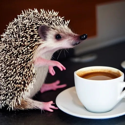 Prompt: a hedgehog making coffee