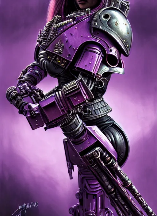 Image similar to extreme close up, portrait of a woman in purple sci - fi armor, bionic arm, intricate, warhammer, warhammer 4 0 k, highly detailed, digital painting, concept art, sharp focus, illustration, muted colors, grim dark, moody, gloomy, art by john blanche, by pedro nunez, by jaime martinez, by nacho molina