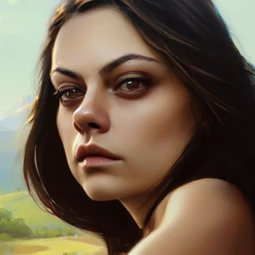 Image similar to winking mila kunis closeup portrait, dramatic light, lake background, 2 0 0 mm focal length, painted by stanley lau, painted by greg rutkowski, painted by stanley artgerm, digital art, trending on artstation