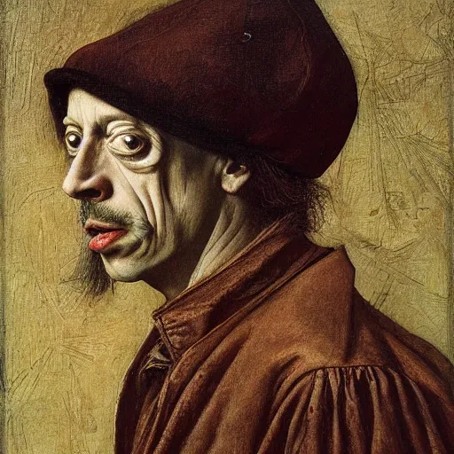 Prompt: portrait of steve buscemi, oil painting by jan van eyck, northern renaissance art, oil on canvas, wet - on - wet technique, realistic, expressive emotions, intricate textures, illusionistic detail