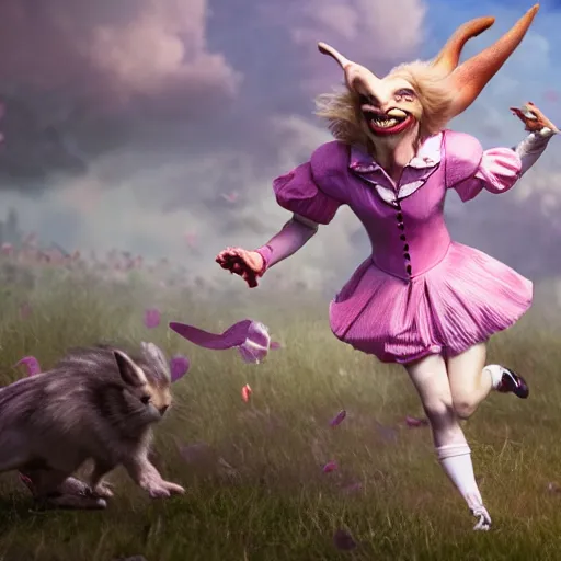 Image similar to tom cruise as Alice in Wonderland chasing the white rabbit, hyperrealistic, highly detailed, depth of field, High definition, 8k, octane render, artstation