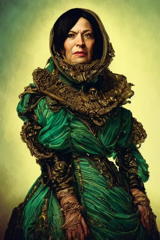 Prompt: portrait, headshot, digital painting, of a 17th century, beautiful, middle aged, middle eastern, wrinkles, decadent, cyborg noble woman, dark hair, amber jewels, baroque, ornate dark green opulent clothing, scifi, futuristic, realistic, hyperdetailed, concept art, dramatic backlighting, golden hour, cinestill, art by syd mead