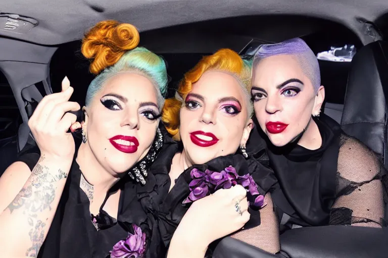 Image similar to lady gaga and judy garland doing carpool karaoke, lady gaga and judy garland, carpool karaoke, lady gaga, judy garland, carpool karaoke, youtube video screenshot, the late late show with james corden