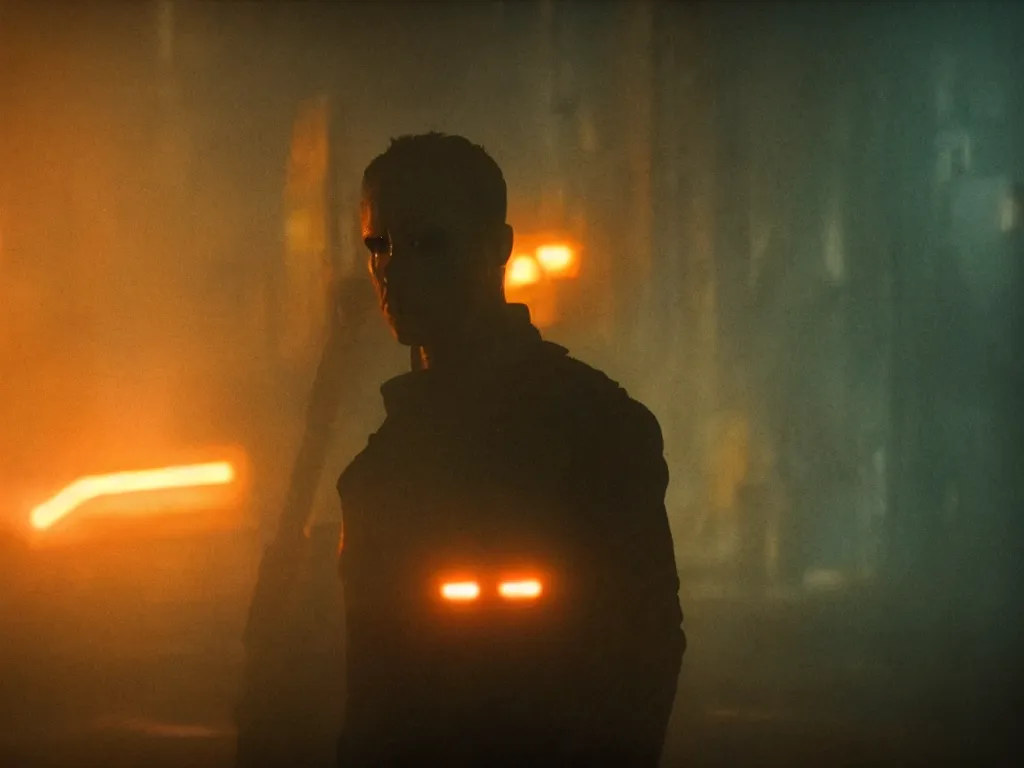 Prompt: Terminator close up film still from Blade Runner 2049, beautiful lighting, raining, neon lights, cinematic depth, ultra sharp