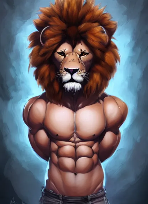 Image similar to award winning beautiful portrait commission art of a muscular male furry anthro lion fursona with a cute beautiful attractive detailed furry face wearing gym shorts and a tanktop. Character design by charlie bowater, ross tran, artgerm, and makoto shinkai, detailed, inked, western comic book art