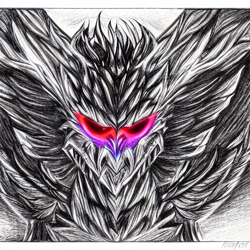 Image similar to A wide shot of griffin in the sky, colorful eyes, glowing eyes, fire, frost, angry, demonic, detailed pencil drawing, fine lines, rustic,