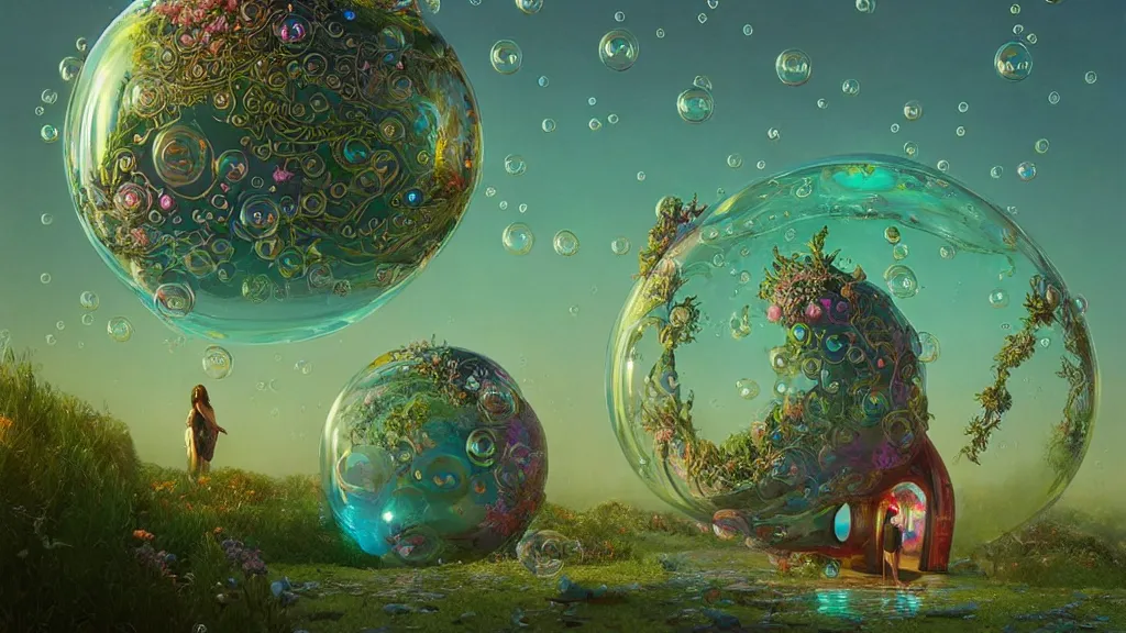 Prompt: a beautiful woman inside ornate bubbles of iridescent liquid, alchemy, intricate, bloom, detailed, volumetric lighting, sharp focus, photorealism, digital painting, highly detailed, concept art, by roger dean and simon stalenhag and mark brooks