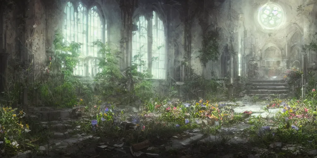 Prompt: anime kyoto animation key by greg rutkowski night, a huge broken blade in abandoned chapel with overgrown flowers and plants