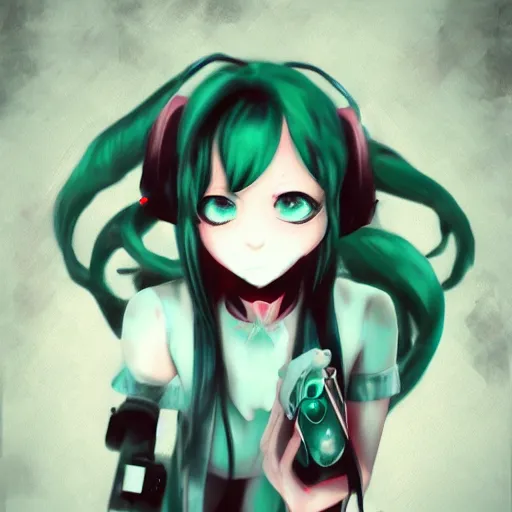 Image similar to scary terrifying liminal space polaroid of hatsune miku demon, artstation, cgsociety, deviantart, flickr