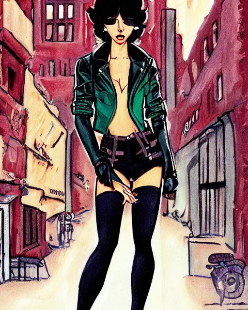 Image similar to young female protagonist in leather jacket, city street, artwork by ralph bakshi