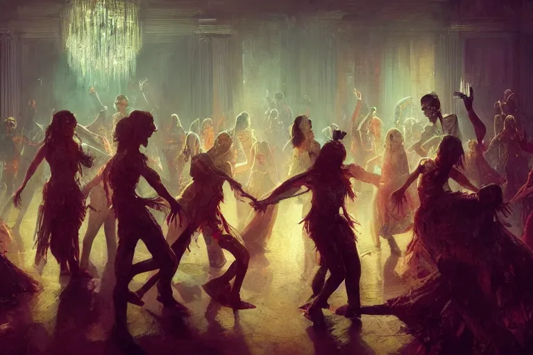 Image similar to Well-groomed zombies dancing in a banquet hall on the dance floor, feeling good as loud music plays, trending on artstation, 4k, 8k, illustrated by Greg Rutkowski and Gaston Bussiere, artstation digital, artstation serene