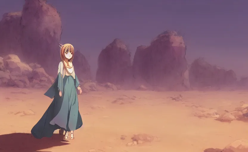 Image similar to An anime girl walking through a desert, wearing a traditional Arabian outfit, anime scenery by Makoto Shinkai, digital art