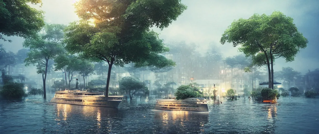 Image similar to cruising ship sailing at raining night at flooded miniature city, sun is on the rise on the town, cute style garden, octane render, trees, evergreen, patio, garden, wet atmosphere, tender, soft light misty yoshitaka amano, and artgerm