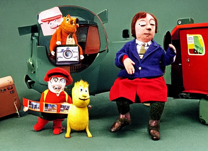 Prompt: a scene from a 1 9 7 0 s british kids tv programme by the bbc and oliver postgate, stop motion animation, postman pat, vhs distortion