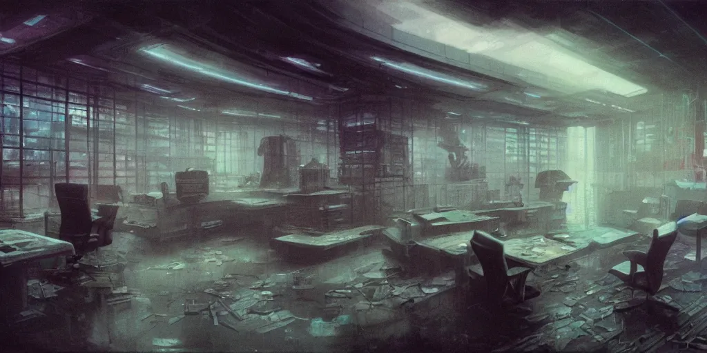 Prompt: a dystopian cyberpunk office interior with huge holographic displays everywhere, beksinski and syd mead cinematic matte painting, 4 k