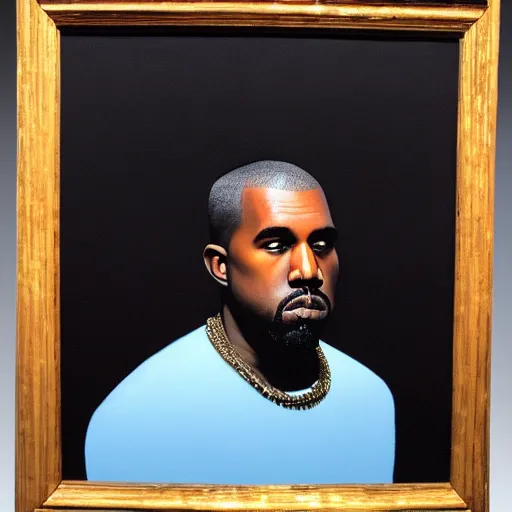 Image similar to very detailed portrait of kanye west backlit by a bright sky behind him, with very soft shading. painted by rene magritte, 1 9 2 7. oil on canvas.