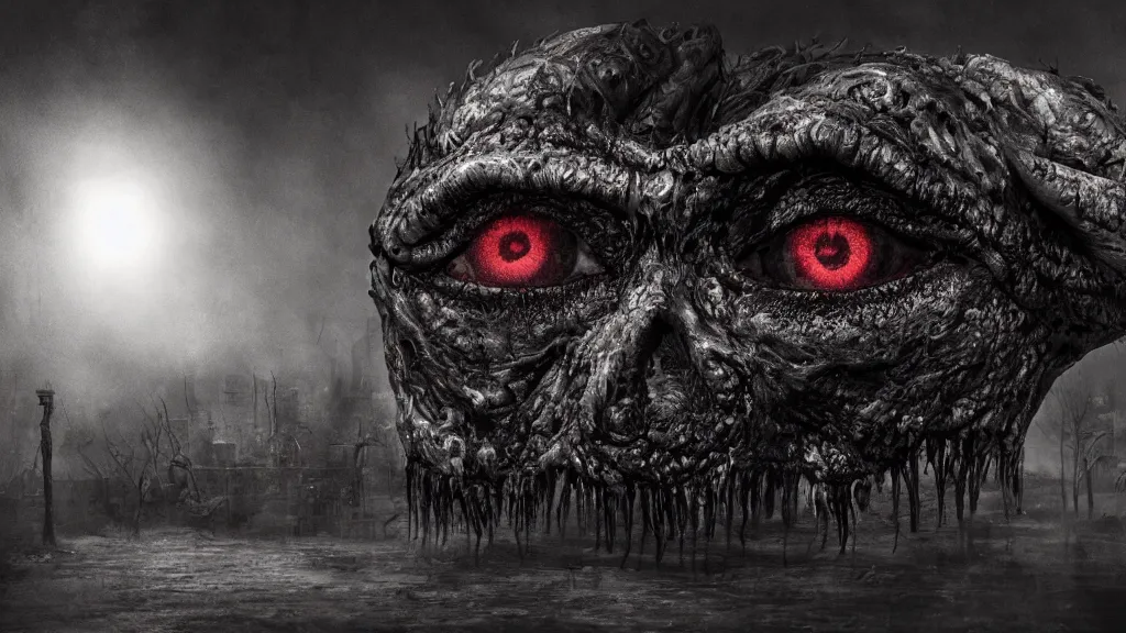 Prompt: monster made of eyes, eldritch, horror, 8K, concept art, filmic, HDR, hyperrealism, volumetric lighting, Dark art