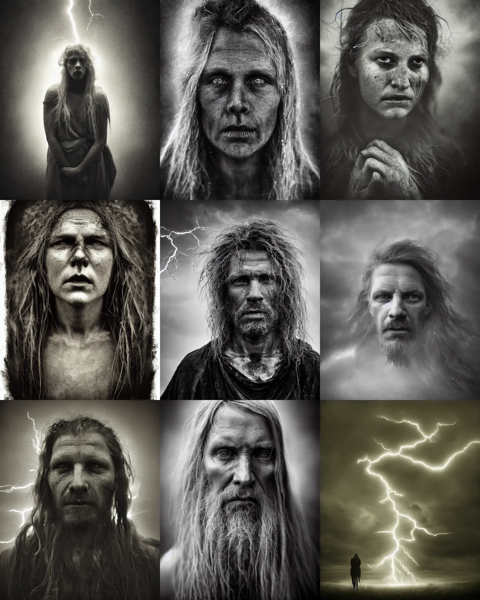 Prompt: Award winning Editorial photograph of Early-medieval Scandinavian Folk mythological Vættir in a lightning storm by Lee Jeffries, 85mm ND 4, perfect lighting, gelatin silver process