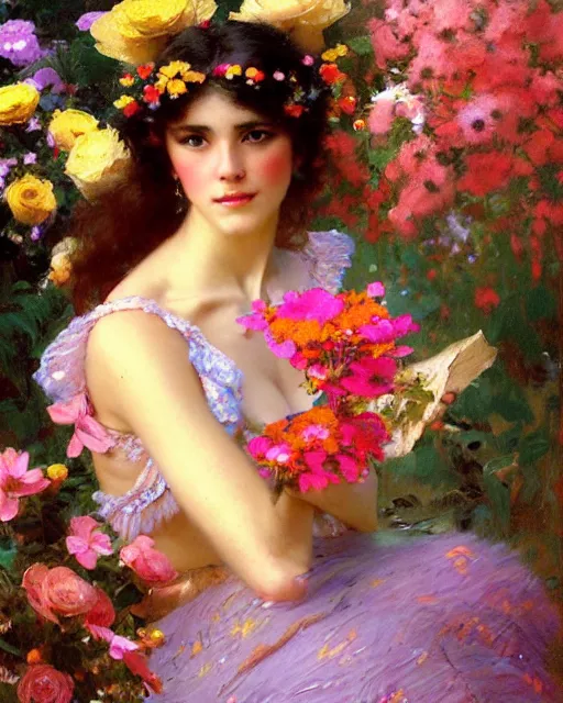 Image similar to an attractive girl wearing a colourful dress and surrounded by flowers. highly detailed painting by gaston bussiere, craig mullins, j. c. leyendecker 8 k