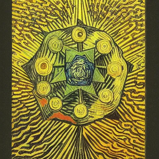 Image similar to divine chaos engine by vincent van gogh and ernst haeckel, symbolist, visionary