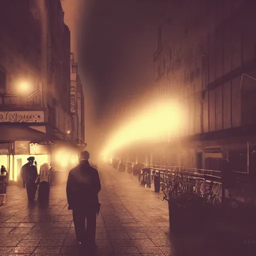 Image similar to fantastic dark vampire city, lights in the dark, lanterns, cityscape, fog, people in the streets, sharp roofs, smoke, by greg rutkovski