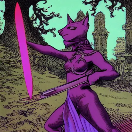 Prompt: purple catgirl with magic sword. by Moebius