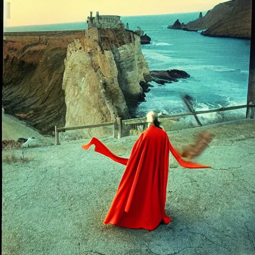 Image similar to by bruce davidson, by andrew boog faithfull redscale photography evocative. a beautiful kinetic sculpture of a horned, red - eyed, skeleton - like creature, with a long black cape, & a staff with a snake wrapped around it, standing in front of a castle atop a cliff.