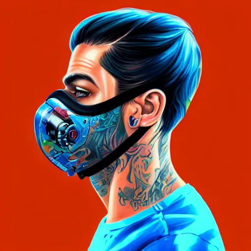 Image similar to a profile photo of a man with underwater mask with tattoos on arm and neck, side profile in underwater, highly detailed, digital painting, artstation, illustration by Sandra Chevrier