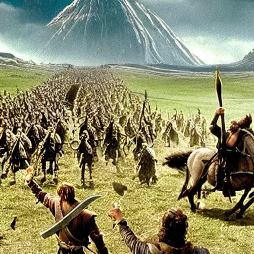 Prompt: still from lord of the rings showing the ride of the rohirrim, riding toward minas tirith on skateboards