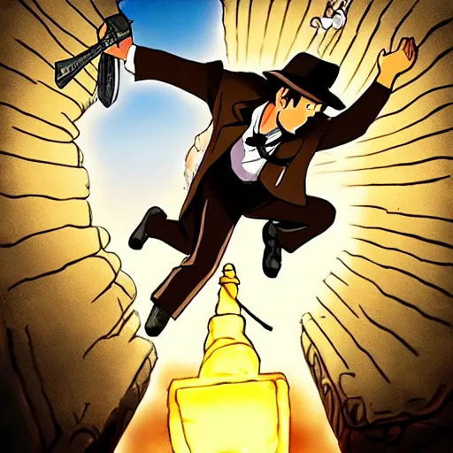 Image similar to Indiana Jones running away from boulder trap, raiders of the lost ark, anime style