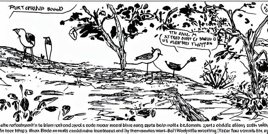 Image similar to xkcd comic with two stick figures discussing a bird, black and white